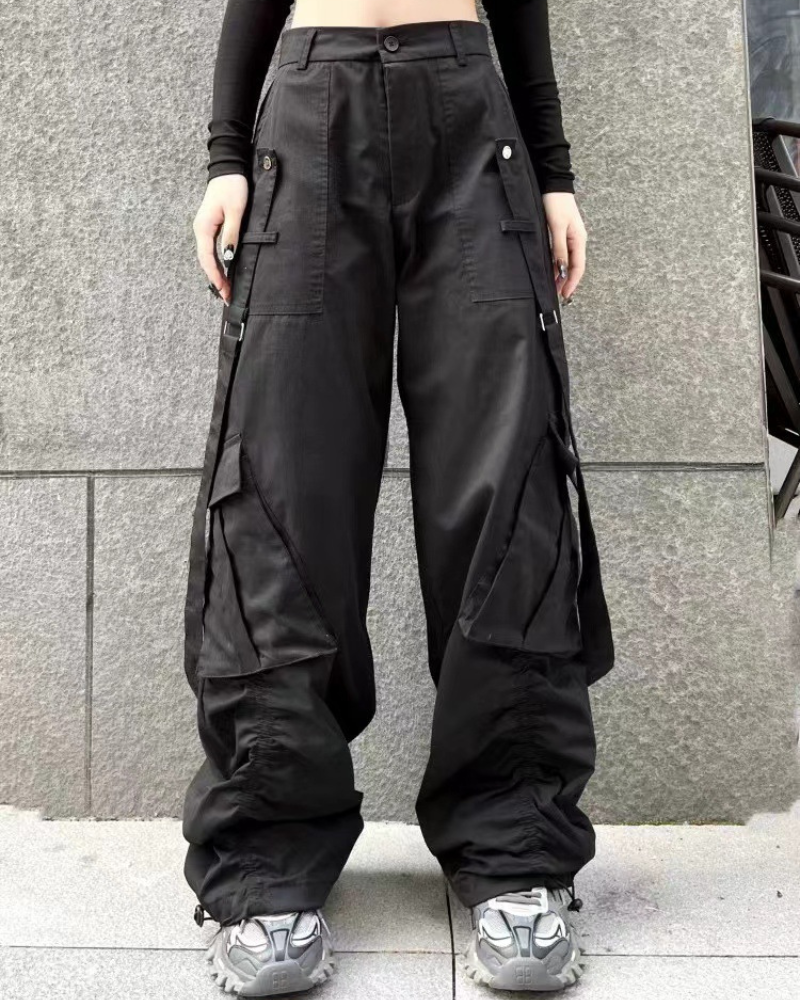 Hip-Hop Women Ribbon Wide-Leg Cargo Pants