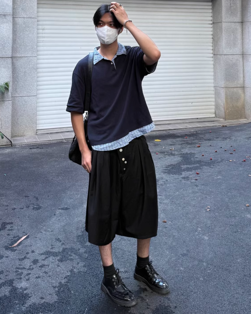 Japanese Style Wide-Leg Pinch-Pleat Button Shorts