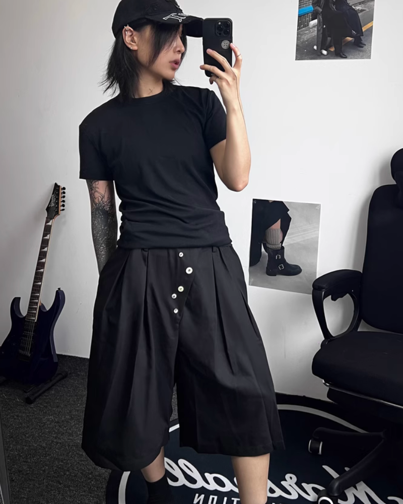 Japanese Style Wide-Leg Pinch-Pleat Button Shorts