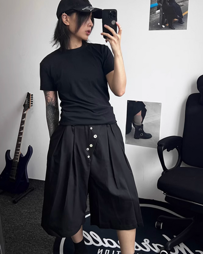 Japanese Style Wide-Leg Pinch-Pleat Button Shorts