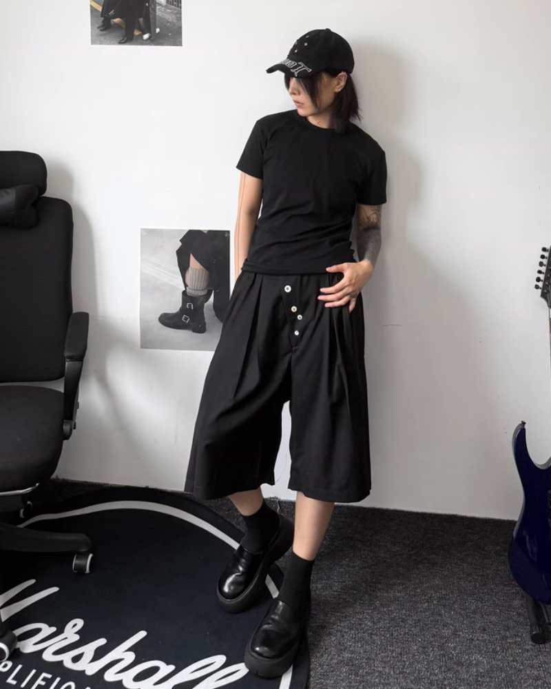 Japanese Style Wide-Leg Pinch-Pleat Button Shorts
