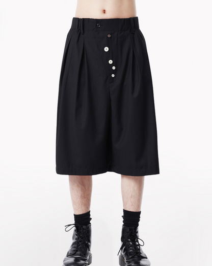 Japanese Style Wide-Leg Pinch-Pleat Button Shorts