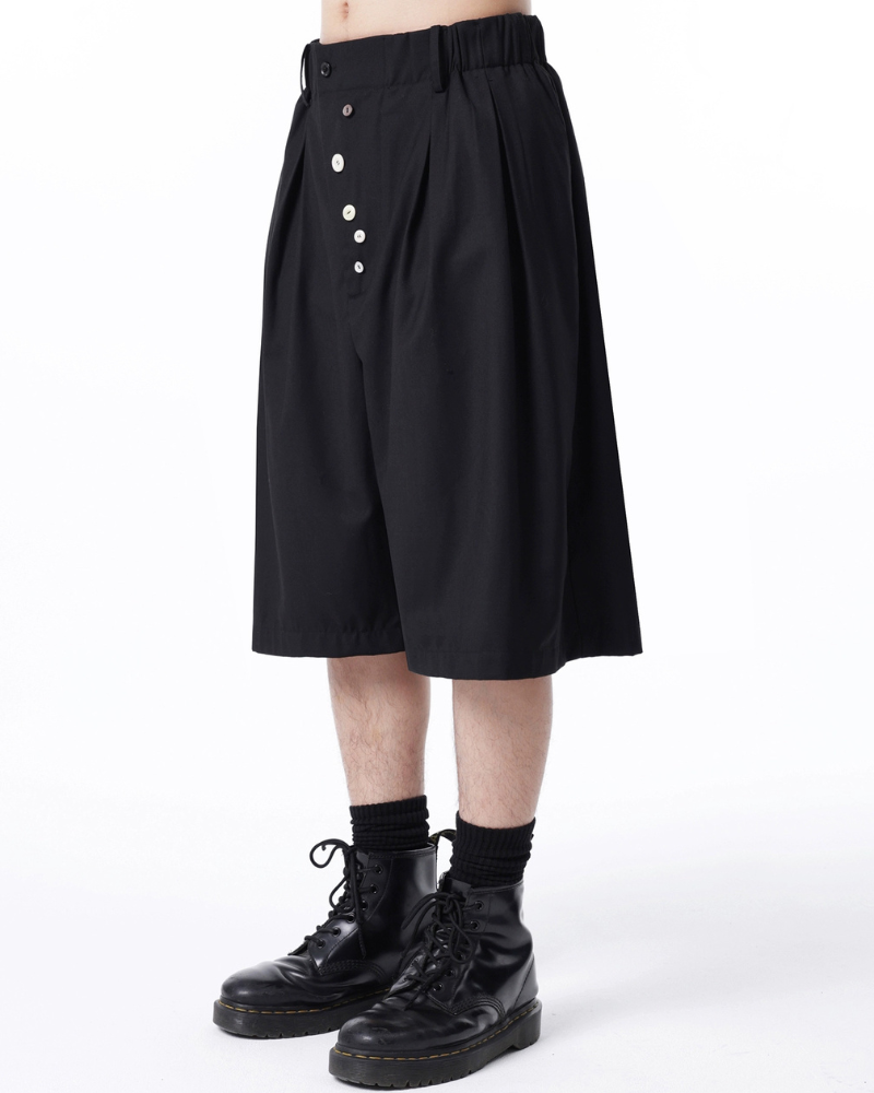 Japanese Style Wide-Leg Pinch-Pleat Button Shorts
