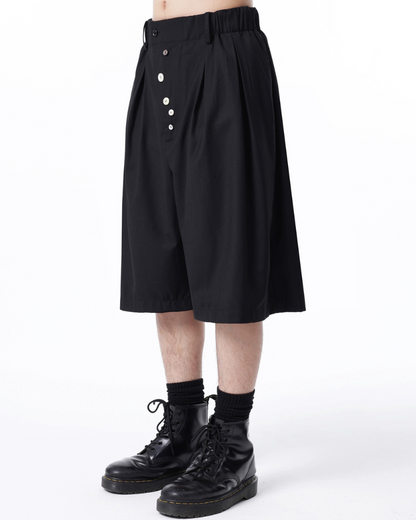 Japanese Style Wide-Leg Pinch-Pleat Button Shorts