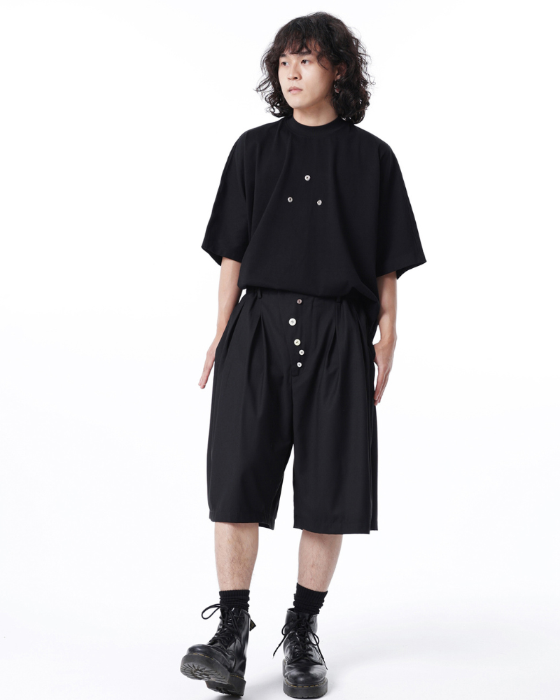 Japanese Style Wide-Leg Pinch-Pleat Button Shorts