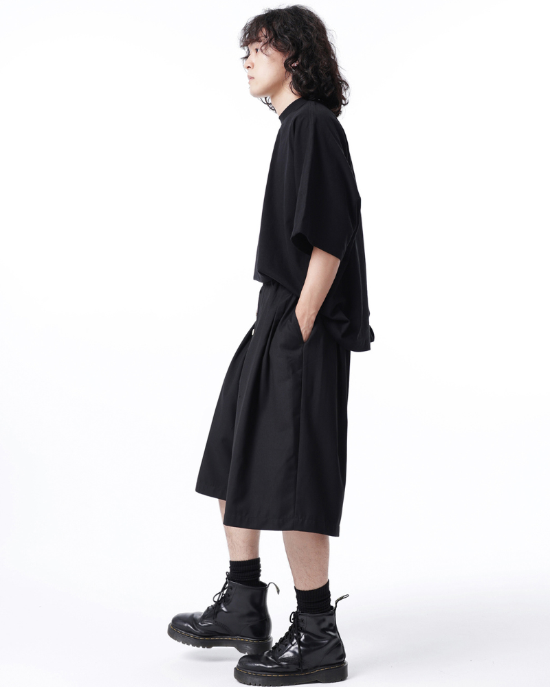 Japanese Style Wide-Leg Pinch-Pleat Button Shorts