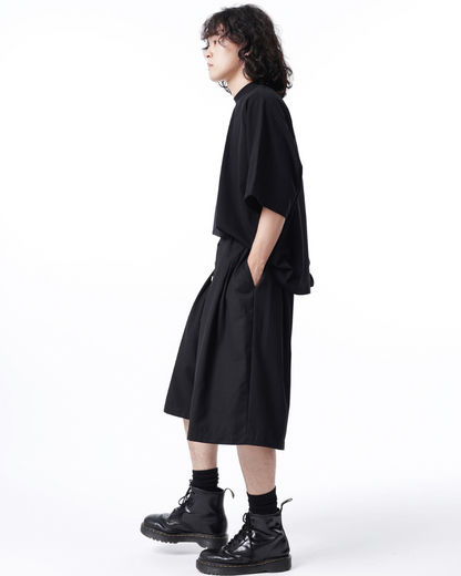 Japanese Style Wide-Leg Pinch-Pleat Button Shorts