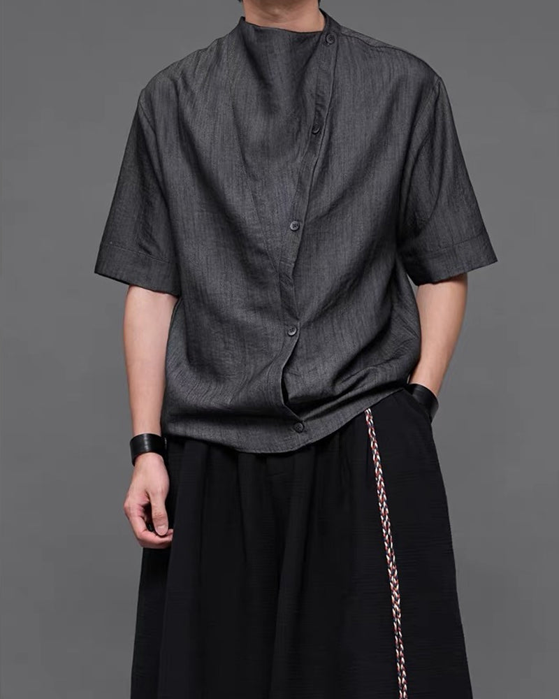 Japanese  Unisex Irregular Draped Collar Half Sleeve Shirt