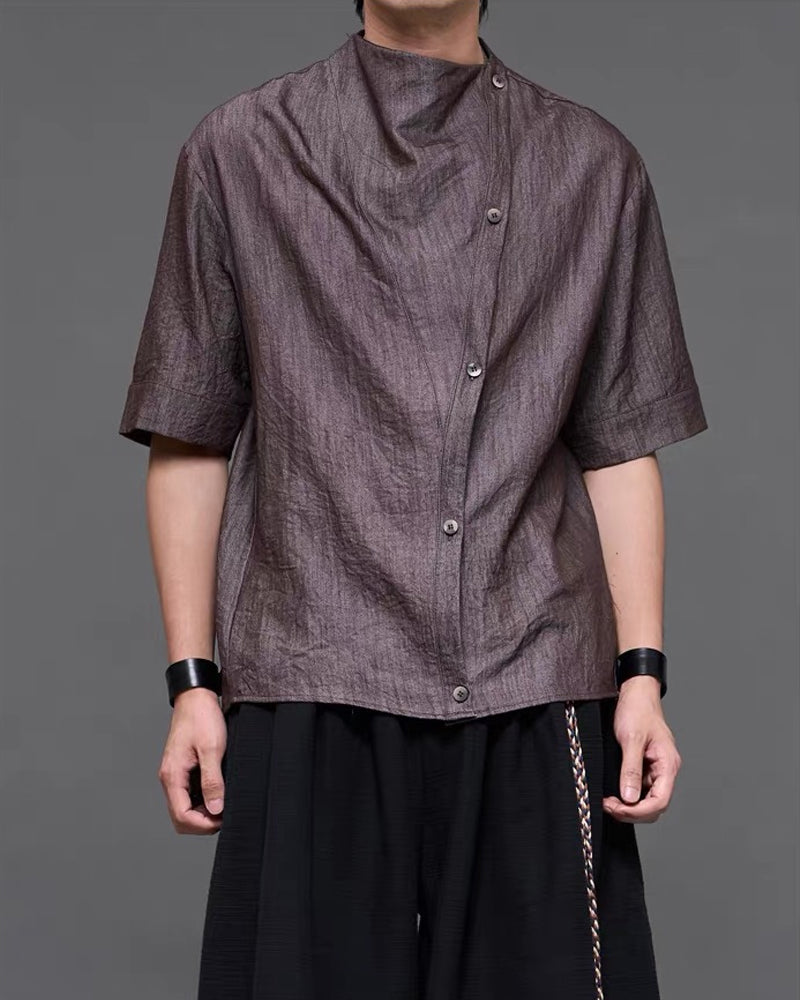 Japanese  Unisex Irregular Draped Collar Half Sleeve Shirt