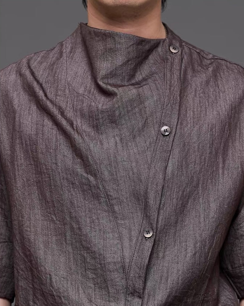 Japanese  Unisex Irregular Draped Collar Half Sleeve Shirt