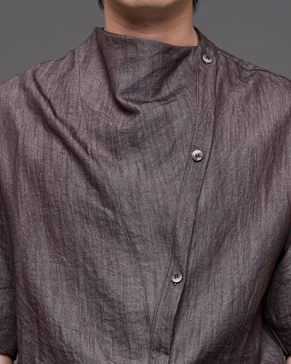 Japanese  Unisex Irregular Draped Collar Half Sleeve Shirt