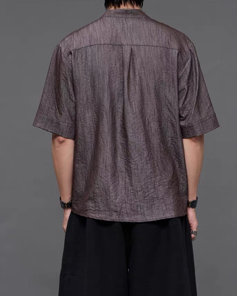 Japanese  Unisex Irregular Draped Collar Half Sleeve Shirt