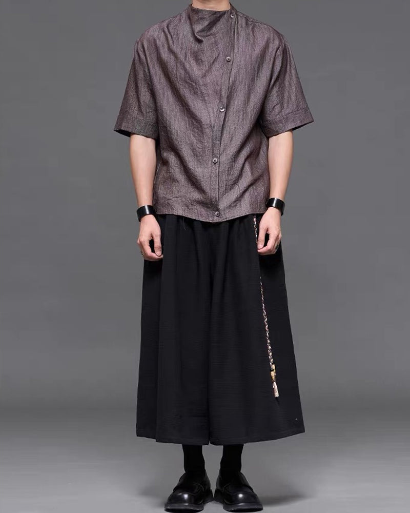 Japanese  Unisex Irregular Draped Collar Half Sleeve Shirt