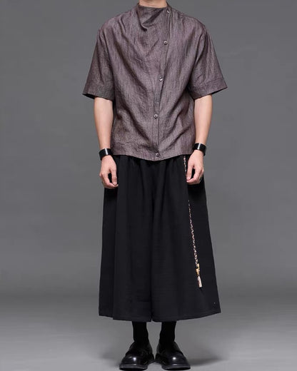 Japanese  Unisex Irregular Draped Collar Half Sleeve Shirt
