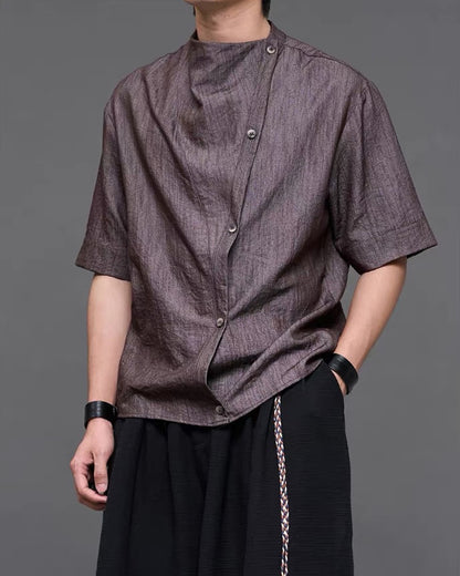 Japanese  Unisex Irregular Draped Collar Half Sleeve Shirt