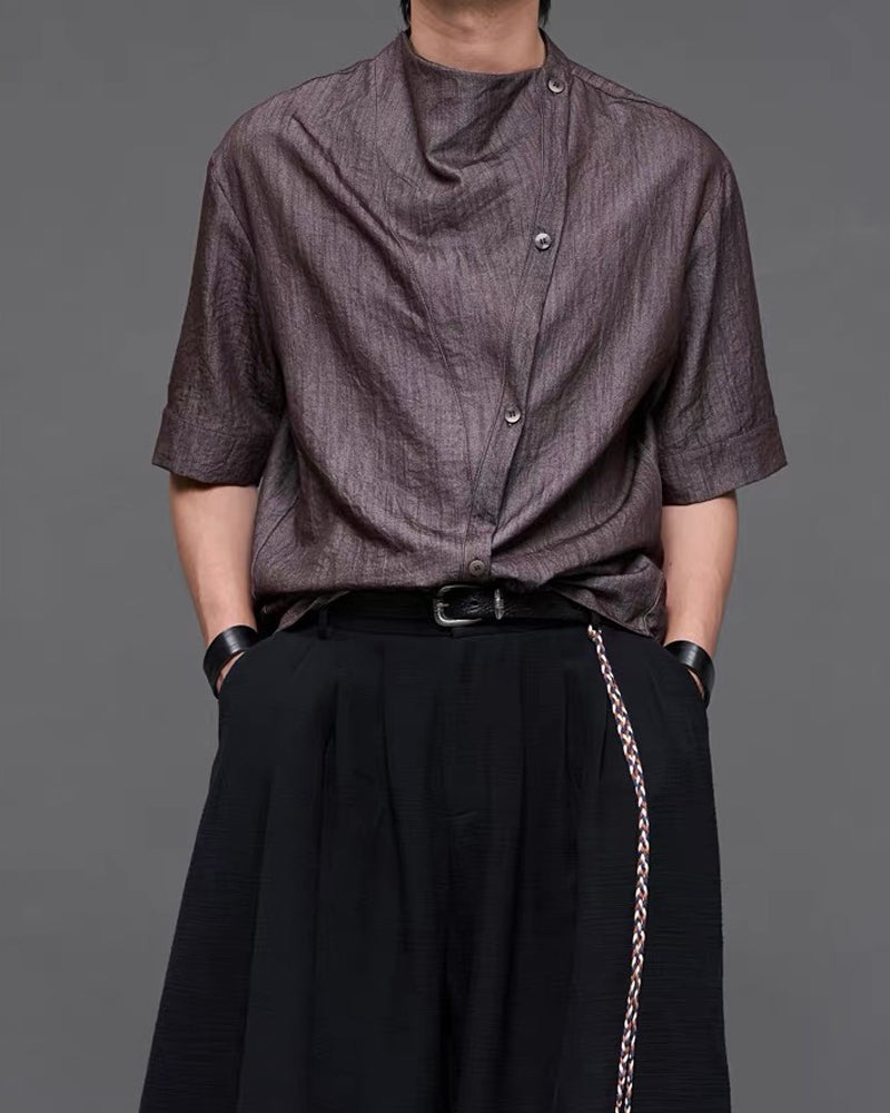 Japanese  Unisex Irregular Draped Collar Half Sleeve Shirt