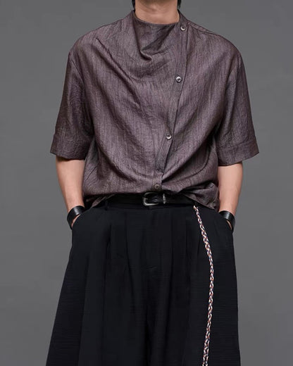 Japanese  Unisex Irregular Draped Collar Half Sleeve Shirt