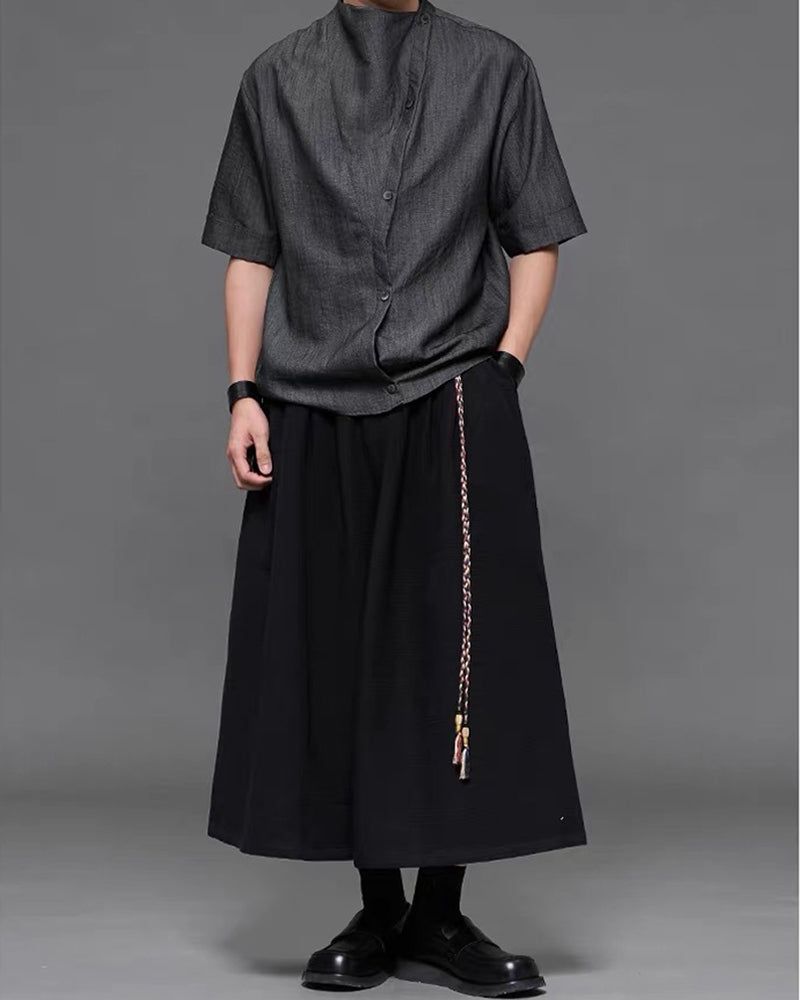Japanese  Unisex Irregular Draped Collar Half Sleeve Shirt