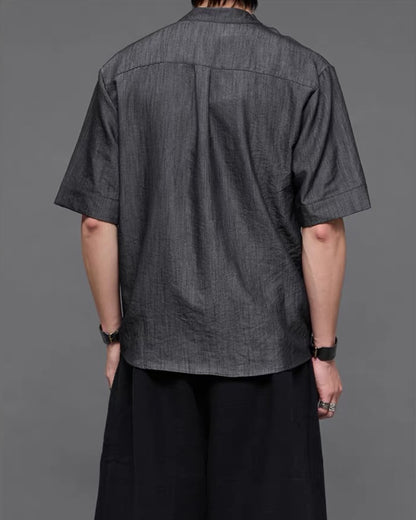 Japanese  Unisex Irregular Draped Collar Half Sleeve Shirt