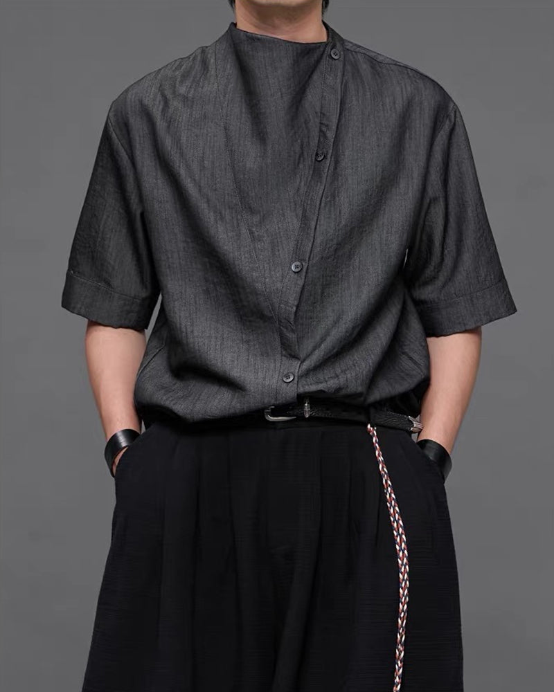 Japanese  Unisex Irregular Draped Collar Half Sleeve Shirt
