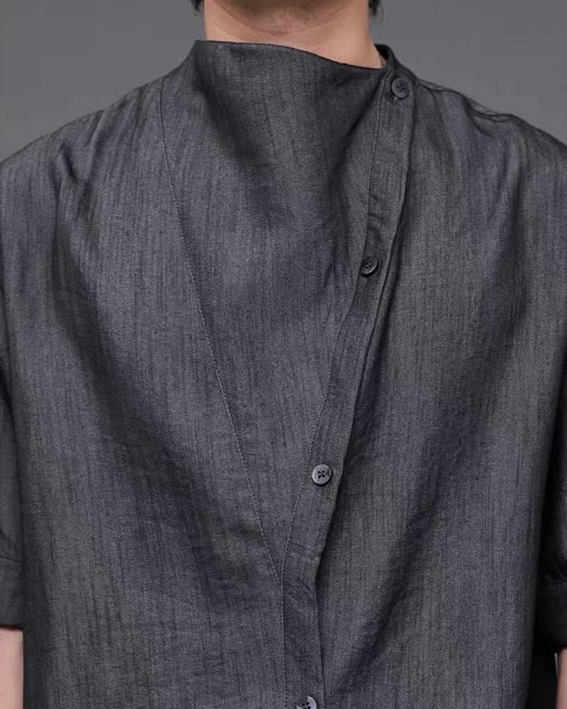 Japanese  Unisex Irregular Draped Collar Half Sleeve Shirt
