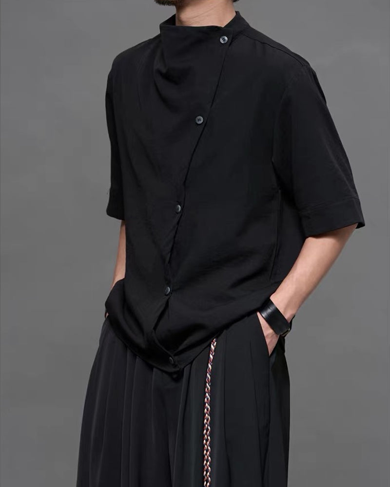 Japanese  Unisex Irregular Draped Collar Half Sleeve Shirt