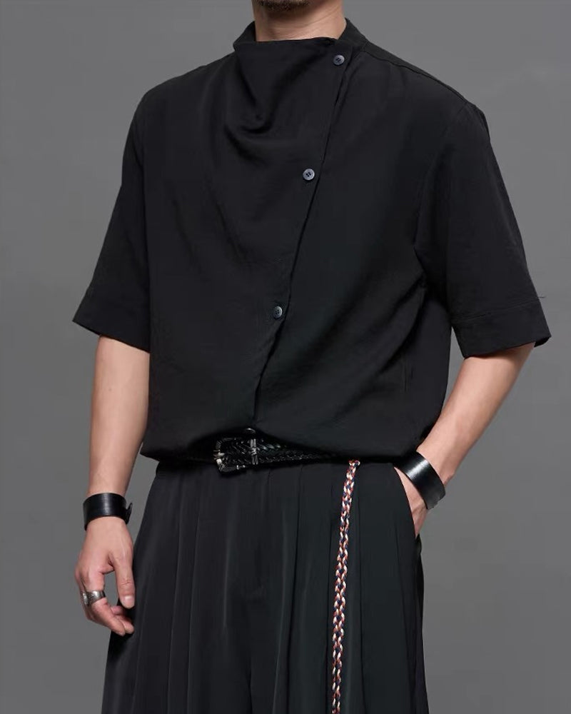 Japanese  Unisex Irregular Draped Collar Half Sleeve Shirt