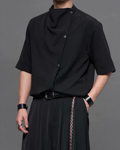 Japanese  Unisex Irregular Draped Collar Half Sleeve Shirt
