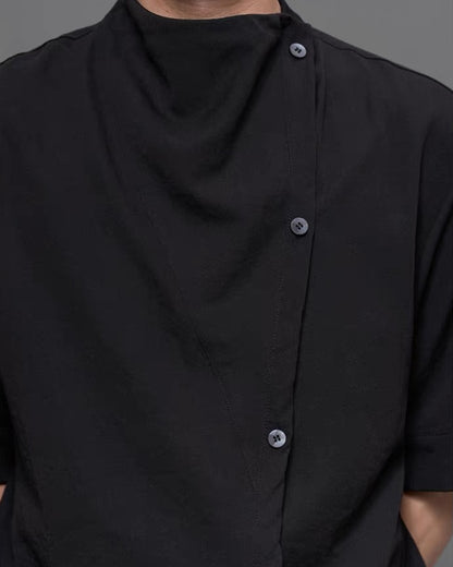 Japanese  Unisex Irregular Draped Collar Half Sleeve Shirt