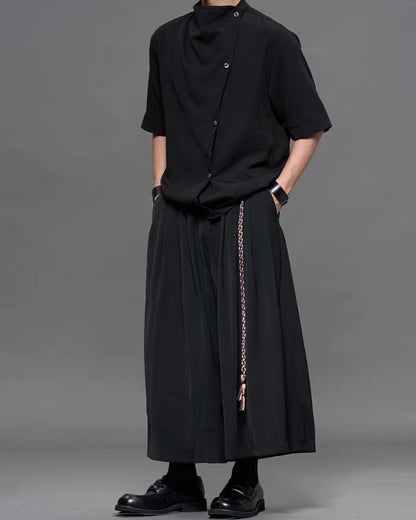 Japanese  Unisex Irregular Draped Collar Half Sleeve Shirt