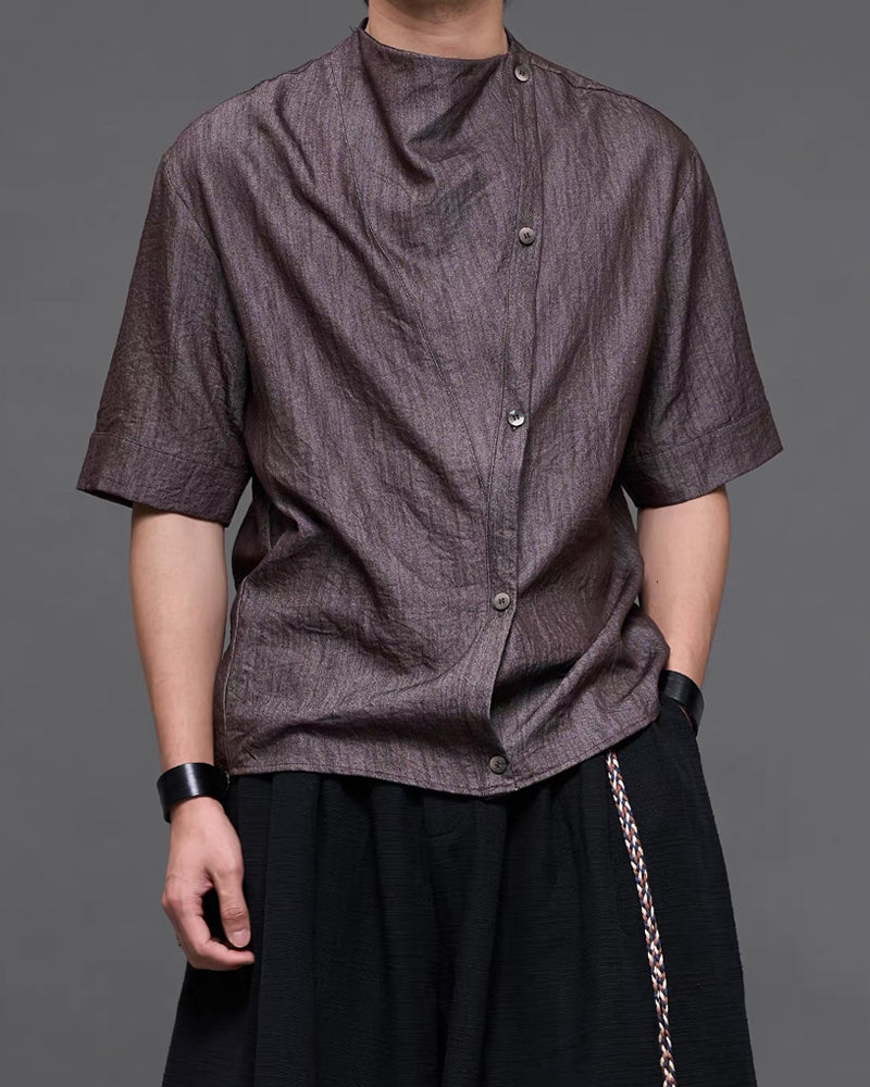 Japanese  Unisex Irregular Draped Collar Half Sleeve Shirt