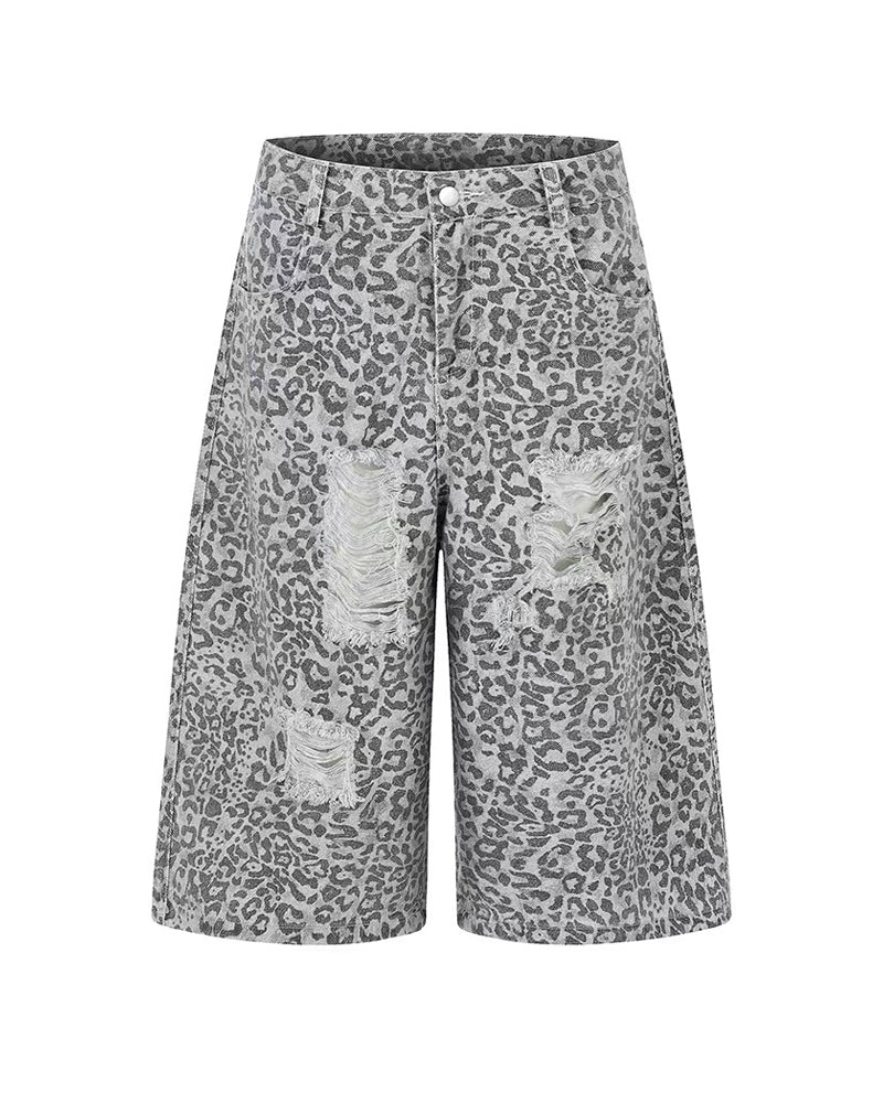 Unisex Vintage Distressed Leopard Baggy Jorts