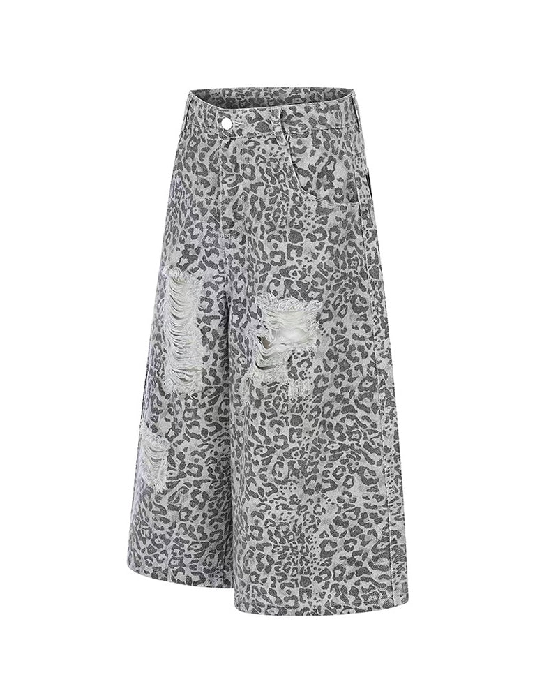 Unisex Vintage Distressed Leopard Baggy Jorts