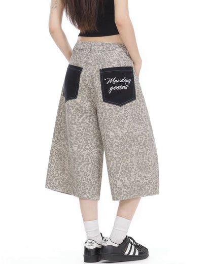 Unisex Vintage Distressed Leopard Baggy Jorts