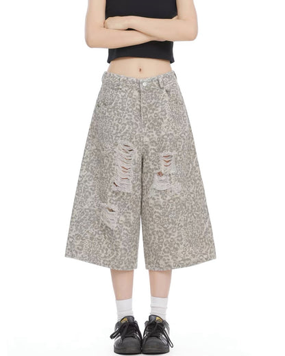 Unisex Vintage Distressed Leopard Baggy Jorts