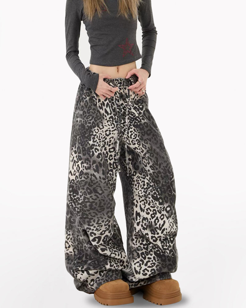 Streetwear Loose Fit Wide-Leg Leopard Jeans