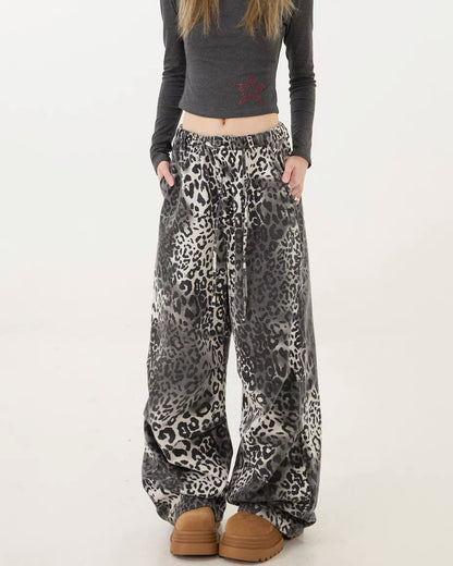 Streetwear Loose Fit Wide-Leg Leopard Jeans