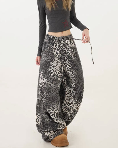 Streetwear Loose Fit Wide-Leg Leopard Jeans