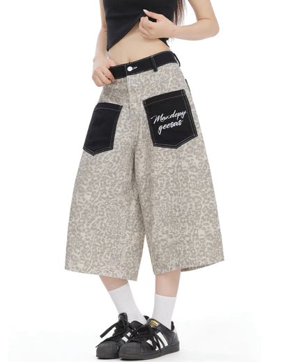 Unisex Vintage Distressed Leopard Baggy Jorts