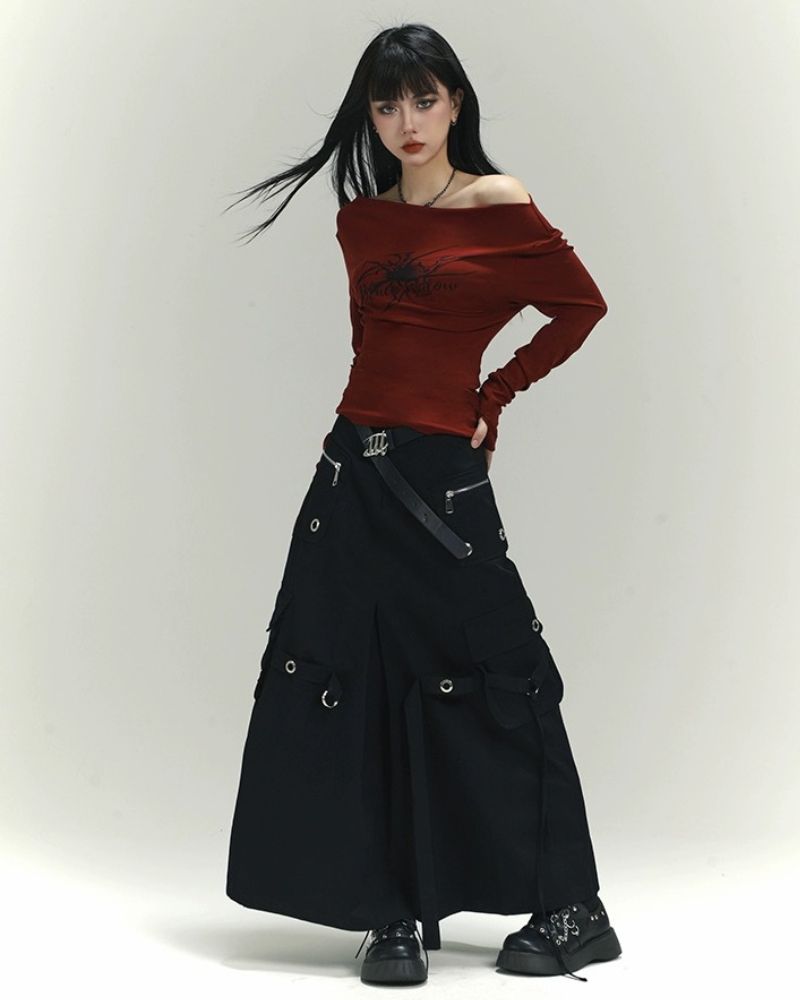 Metal Button Pockets Maxi Cargo Skirt