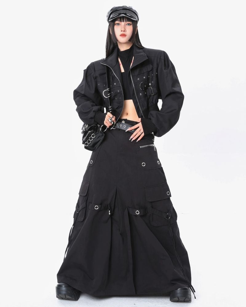 Metal Button Pockets Maxi Cargo Skirt