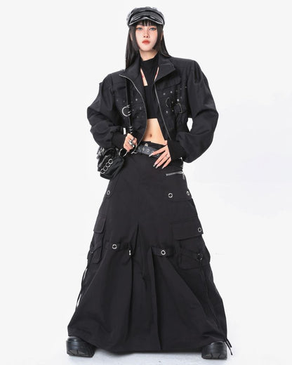 Metal Button Pockets Maxi Cargo Skirt