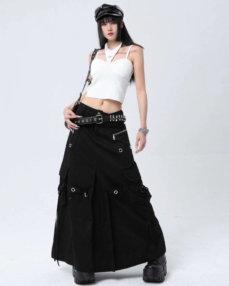 Metal Button Pockets Maxi Cargo Skirt