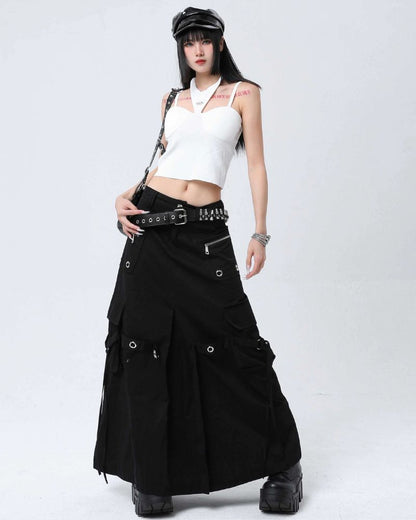 Metal Button Pockets Maxi Cargo Skirt