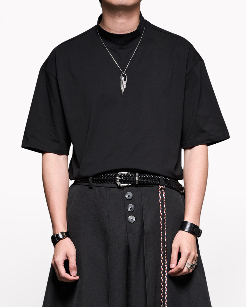 Minimalist Japanese Ice-Silk Mock Neck Basic T-Shirt