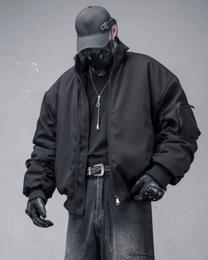 Motorcycle-Inspired Padded Cropped Bomber Jacket