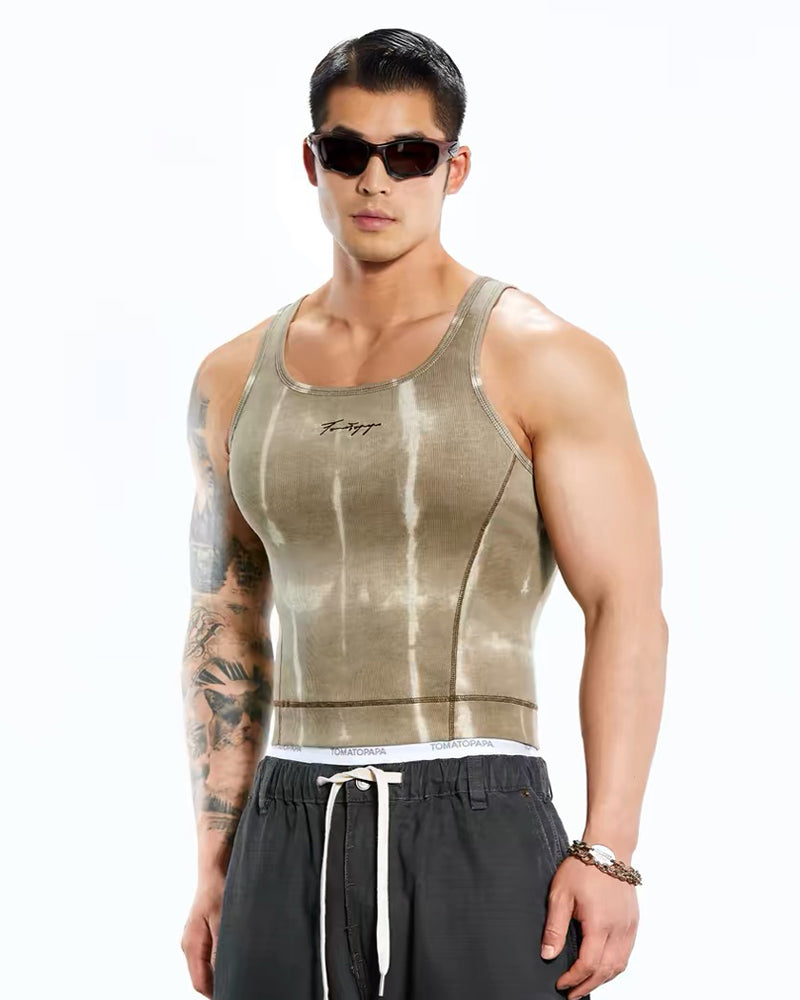 Men’s Ribbed Tie-Dye Stretch Workout Muscle Shirt