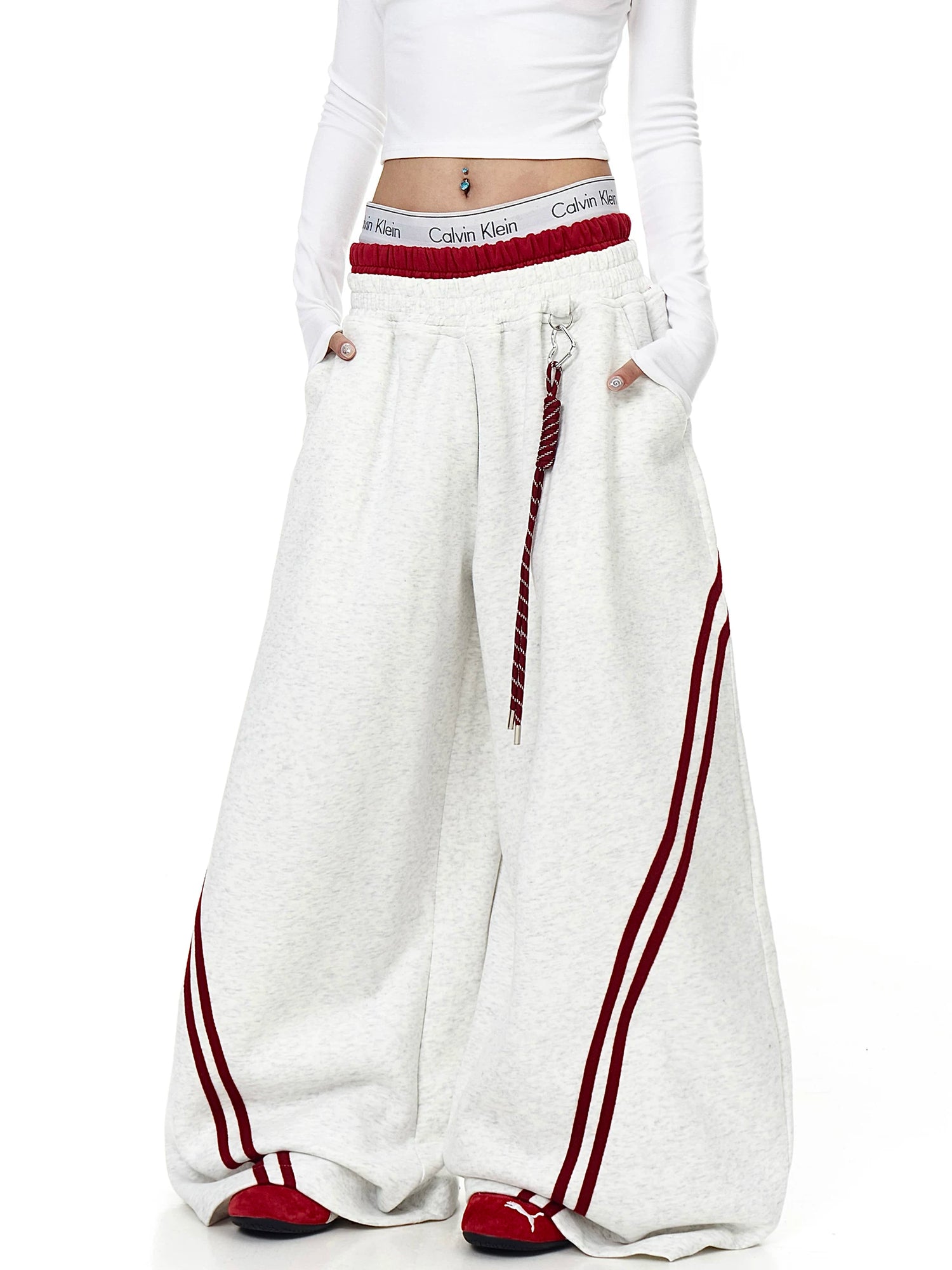 Gray double-waist striped wide-leg sweatpants with pockets - Techwearofficial