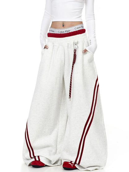 Gray double-waist striped wide-leg sweatpants with pockets - Techwearofficial