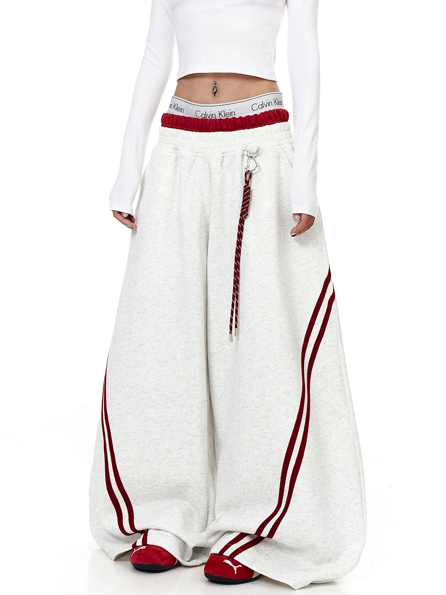 Gray double-waist wide-leg sweatpants, full front view - Techwearofficial